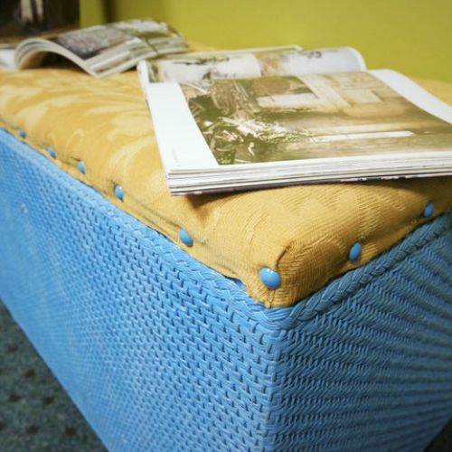 Blue wicker with yellow upholstered chest